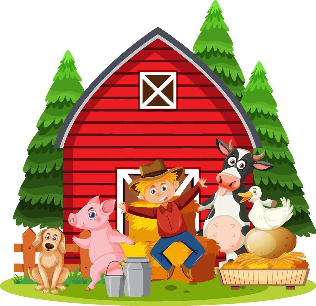 Barn farm with cartoon character vector