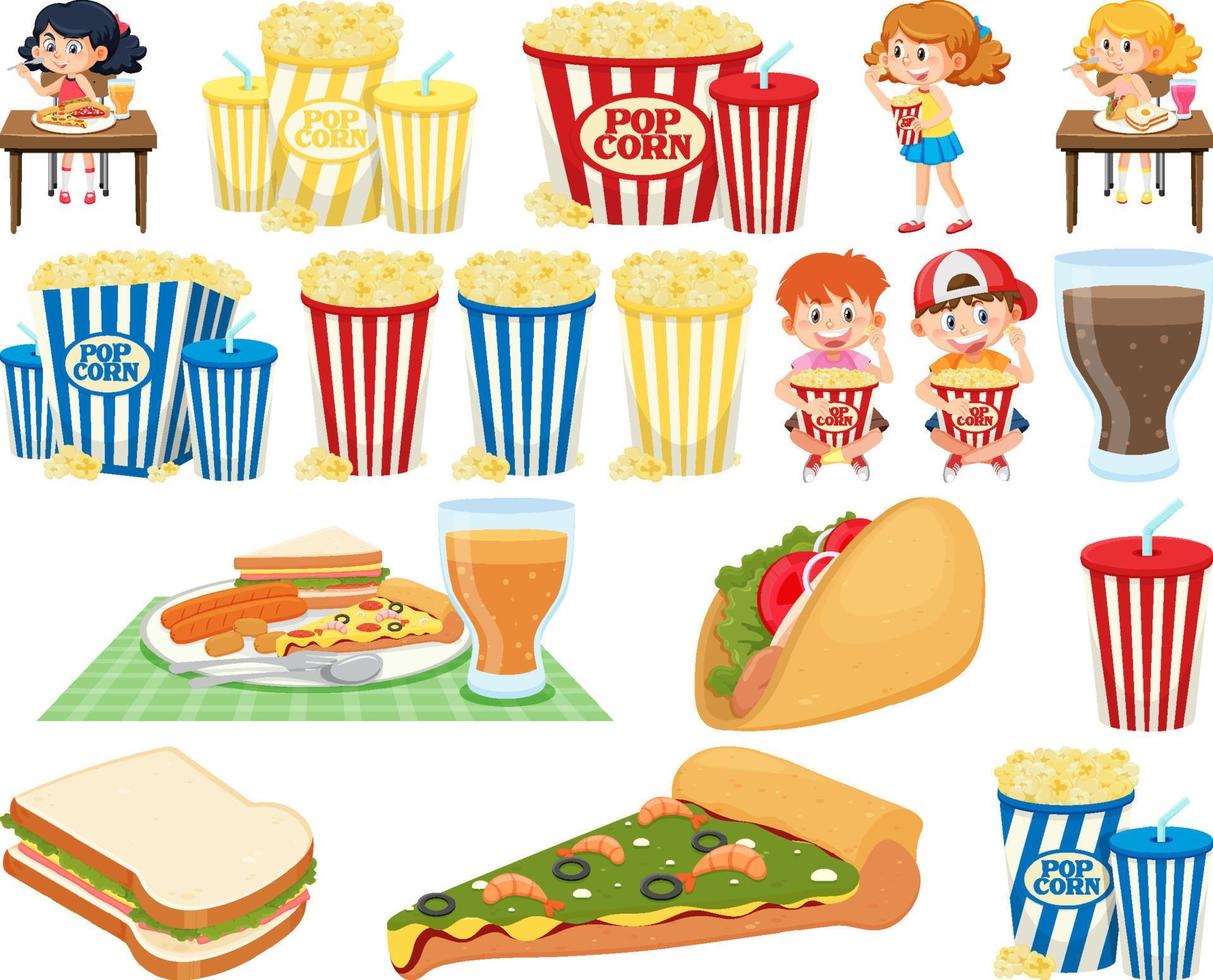 conjunto de diferentes comidas chatarra y niños vector