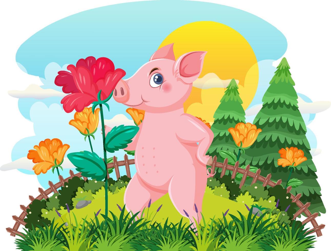 Cartoon pig in flower field vector