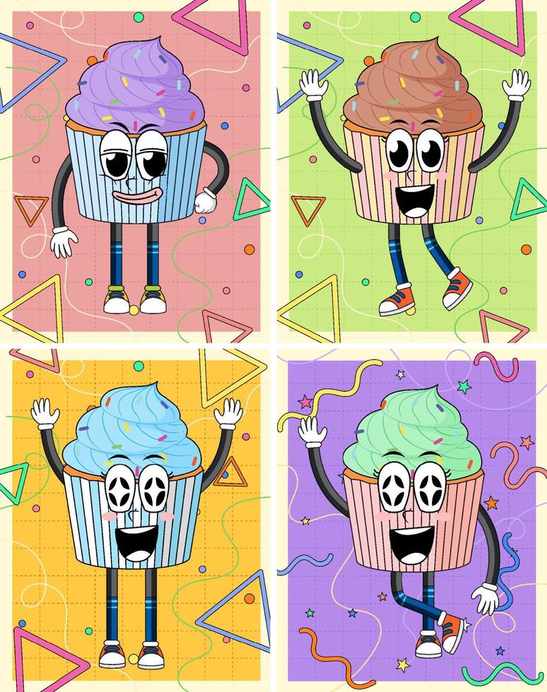 Set of different funny cupcake cartoon characters vector