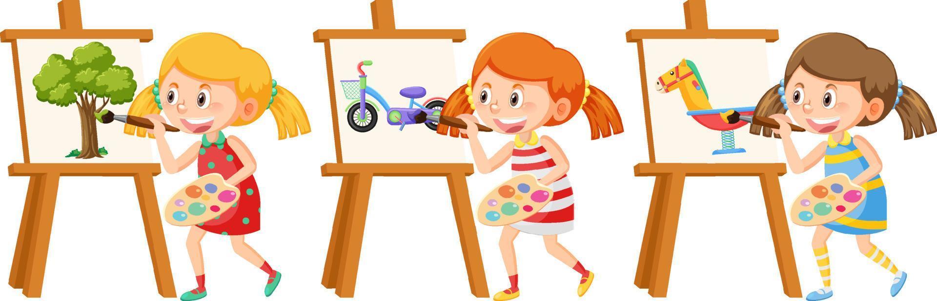 Girls painting on canvas cartoon vector