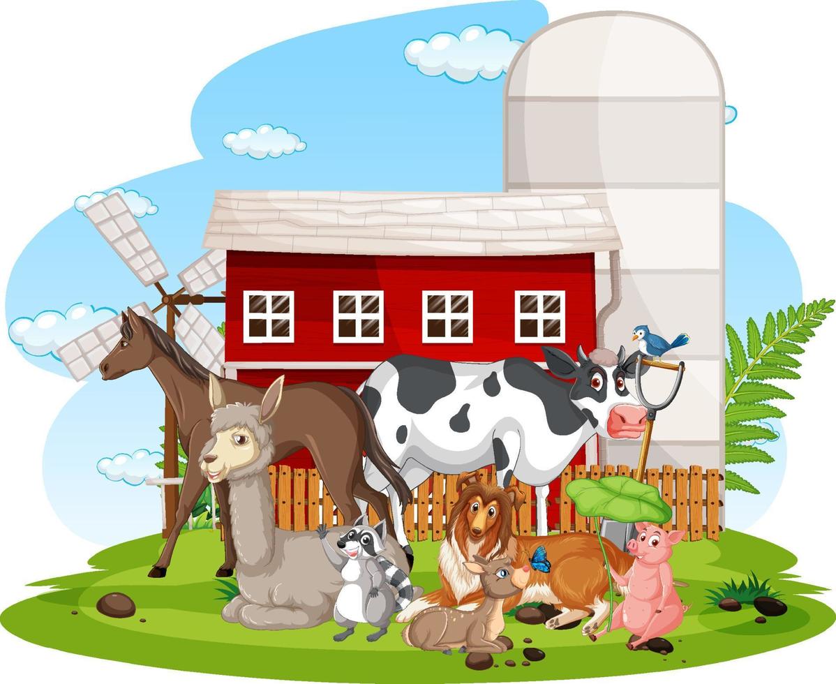 Farm scene with many animals by the barn vector