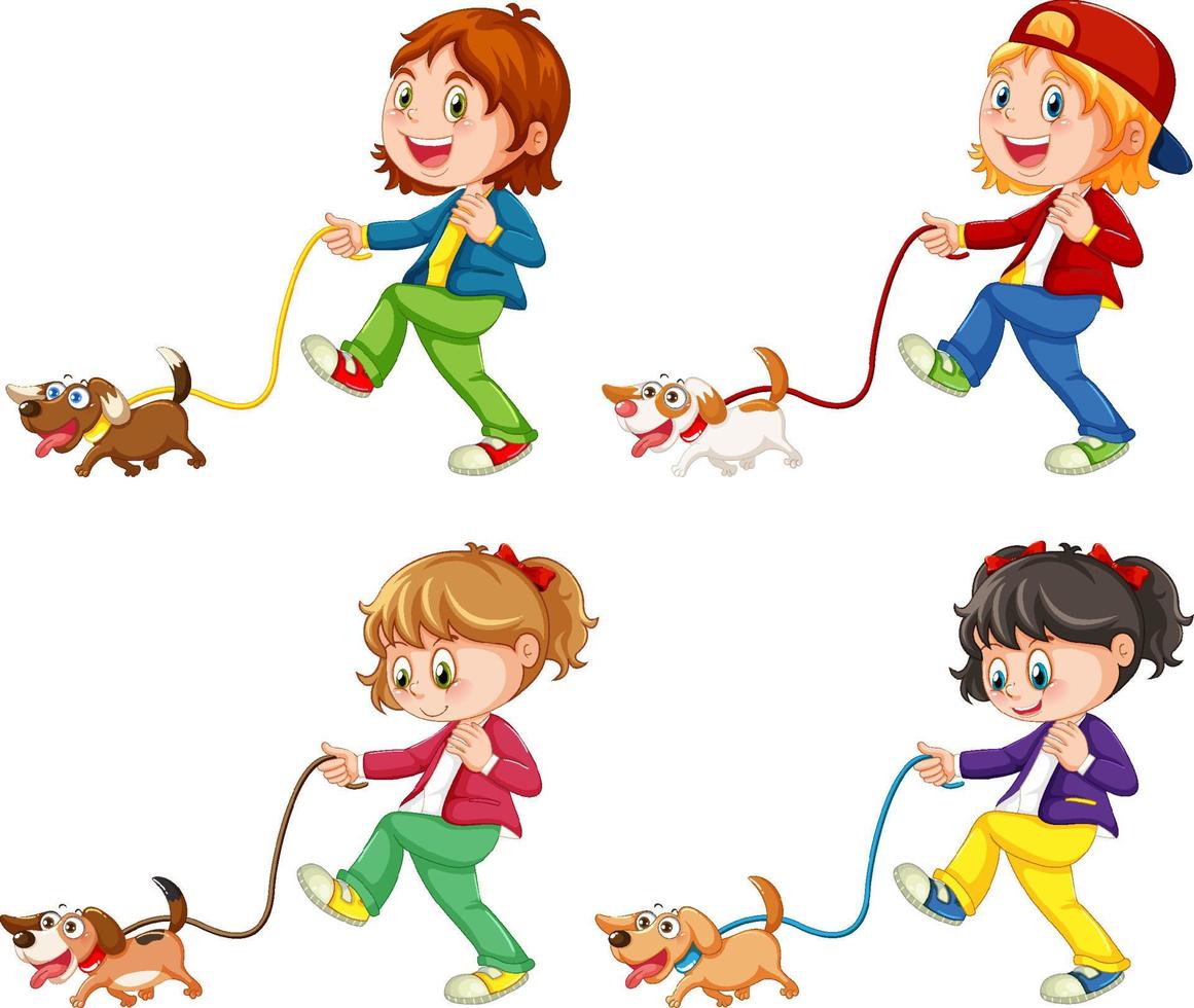 conjunto de diferentes niños paseando perros vector