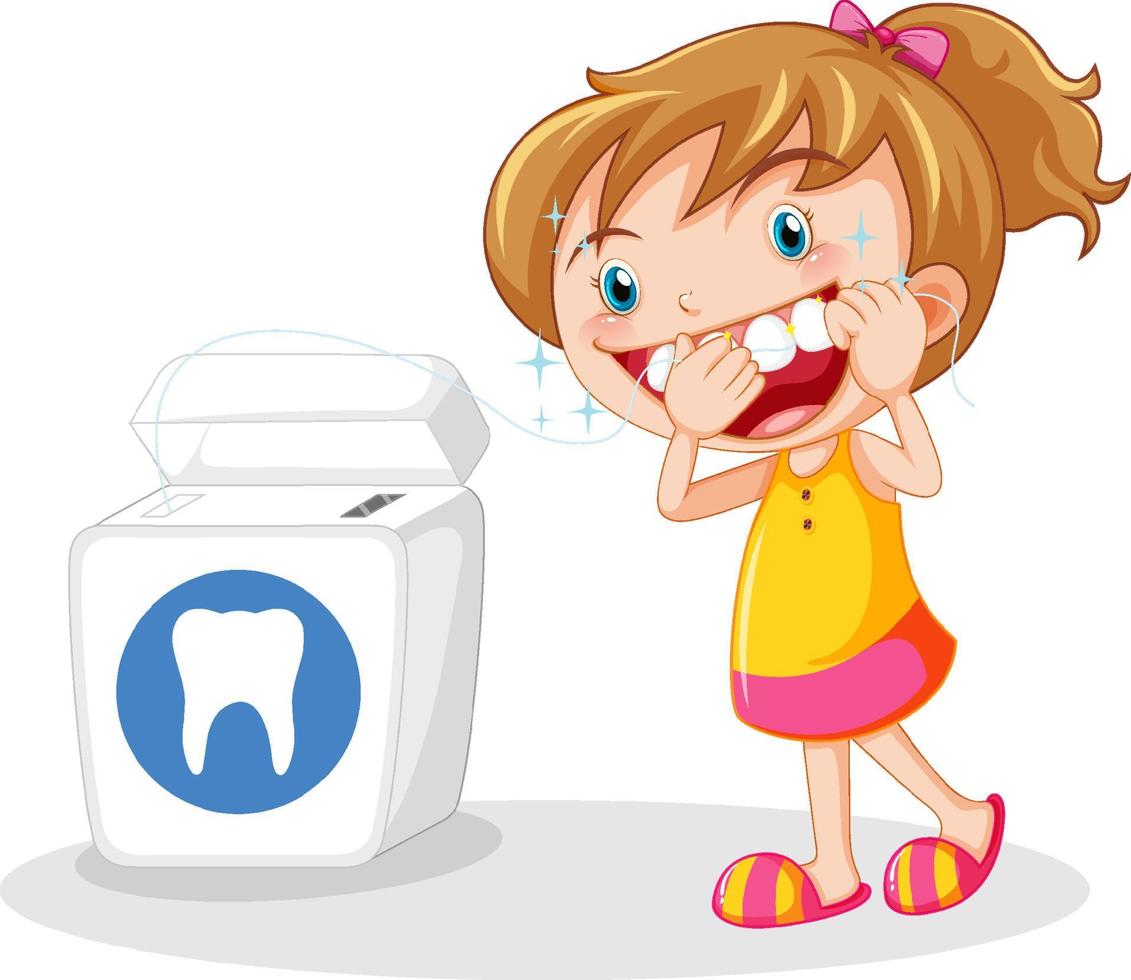 linda chica personaje de dibujos animados usar hilo dental vector