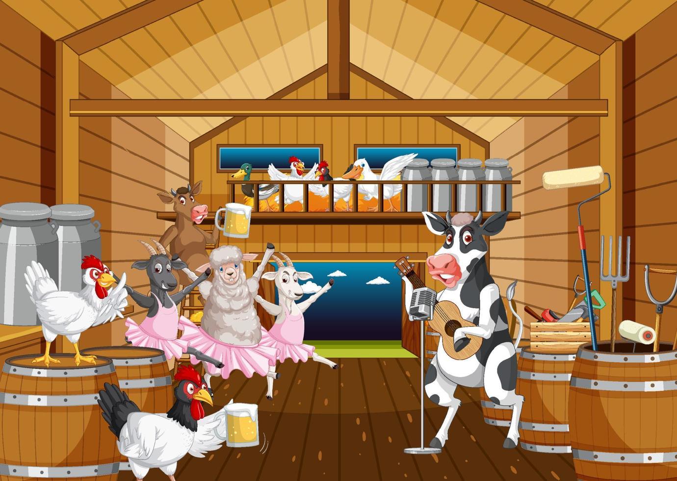 Barn indoor scene with farm animals vector