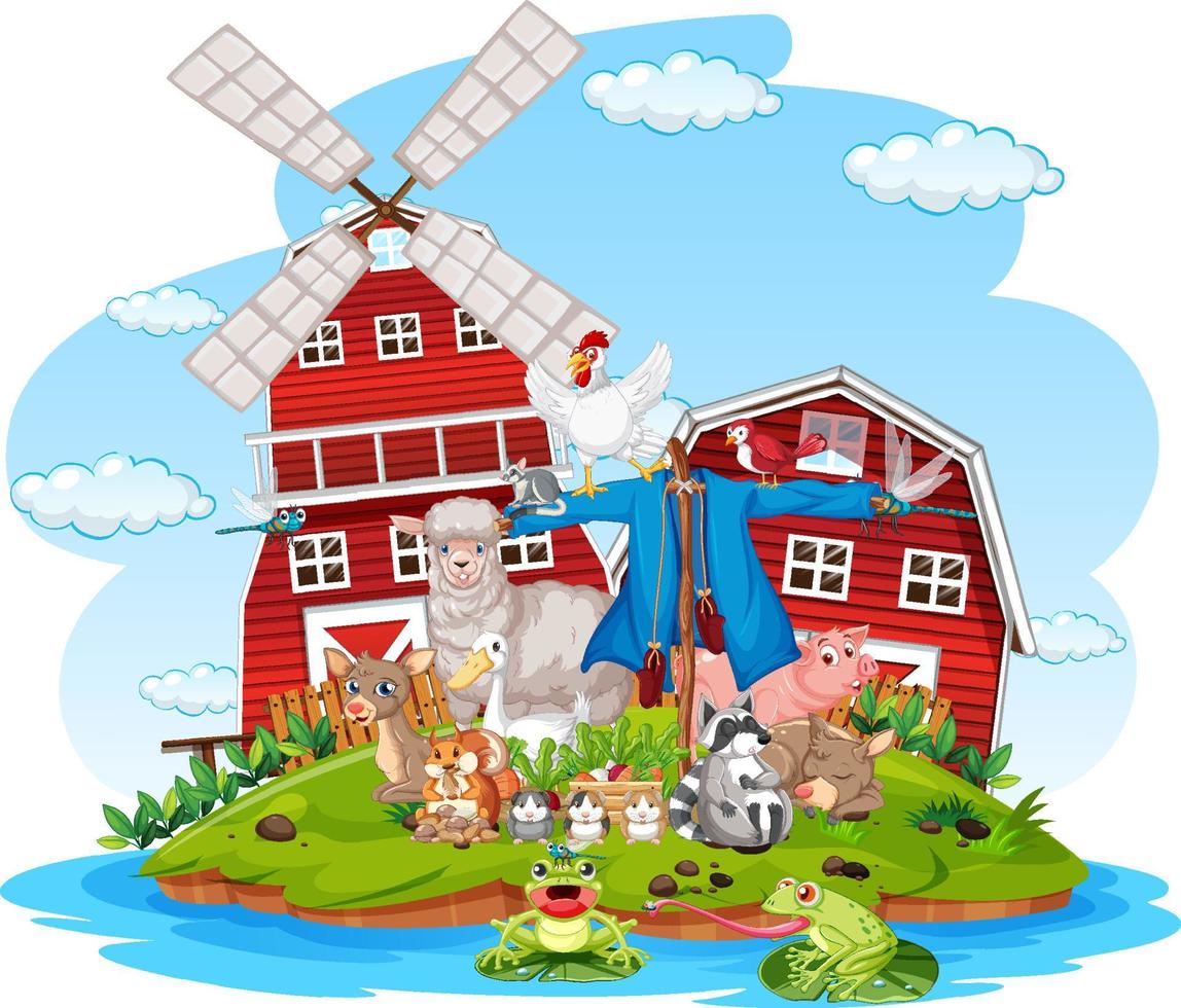 Farm scene with many animals in the farm vector