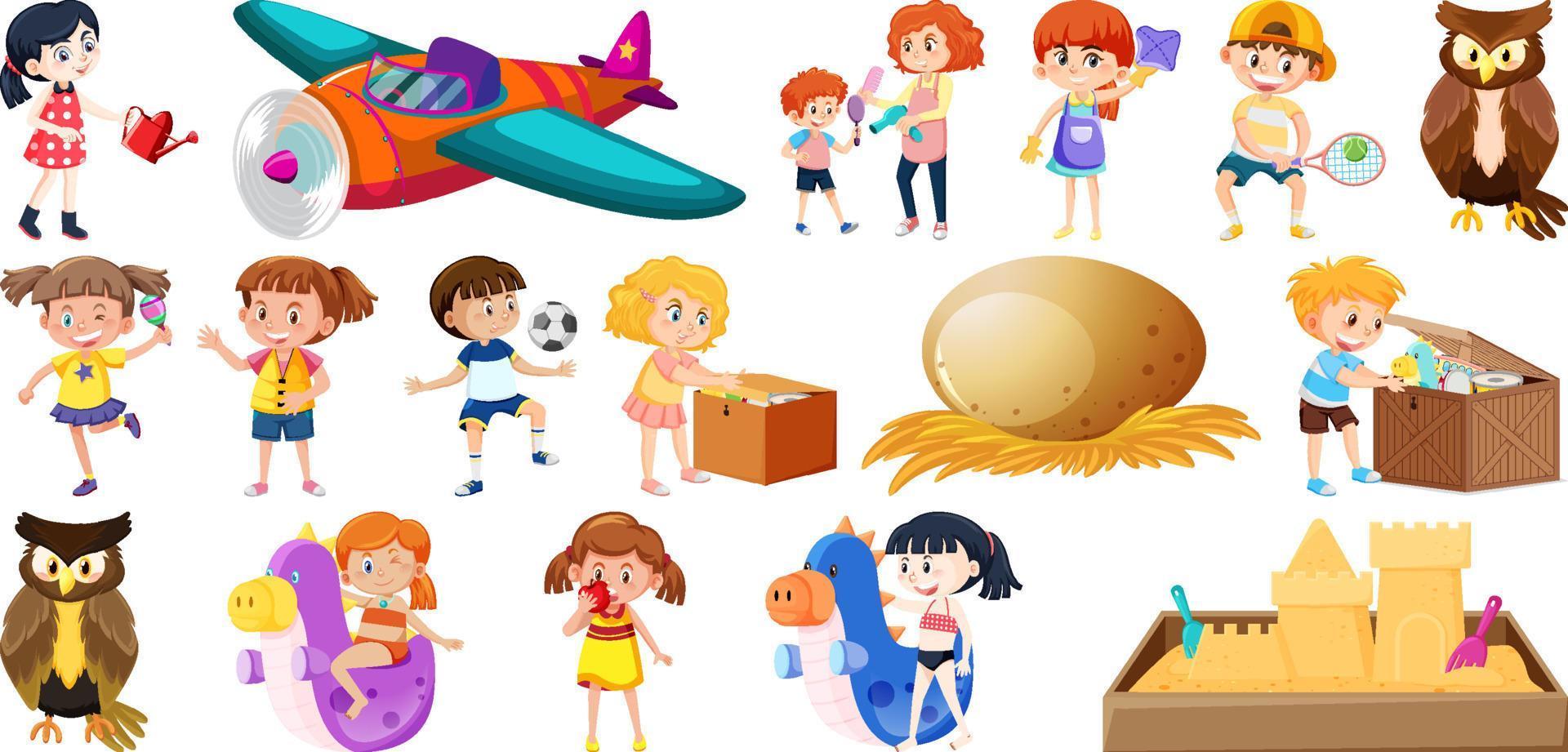 Set of different cute kids and objects vector