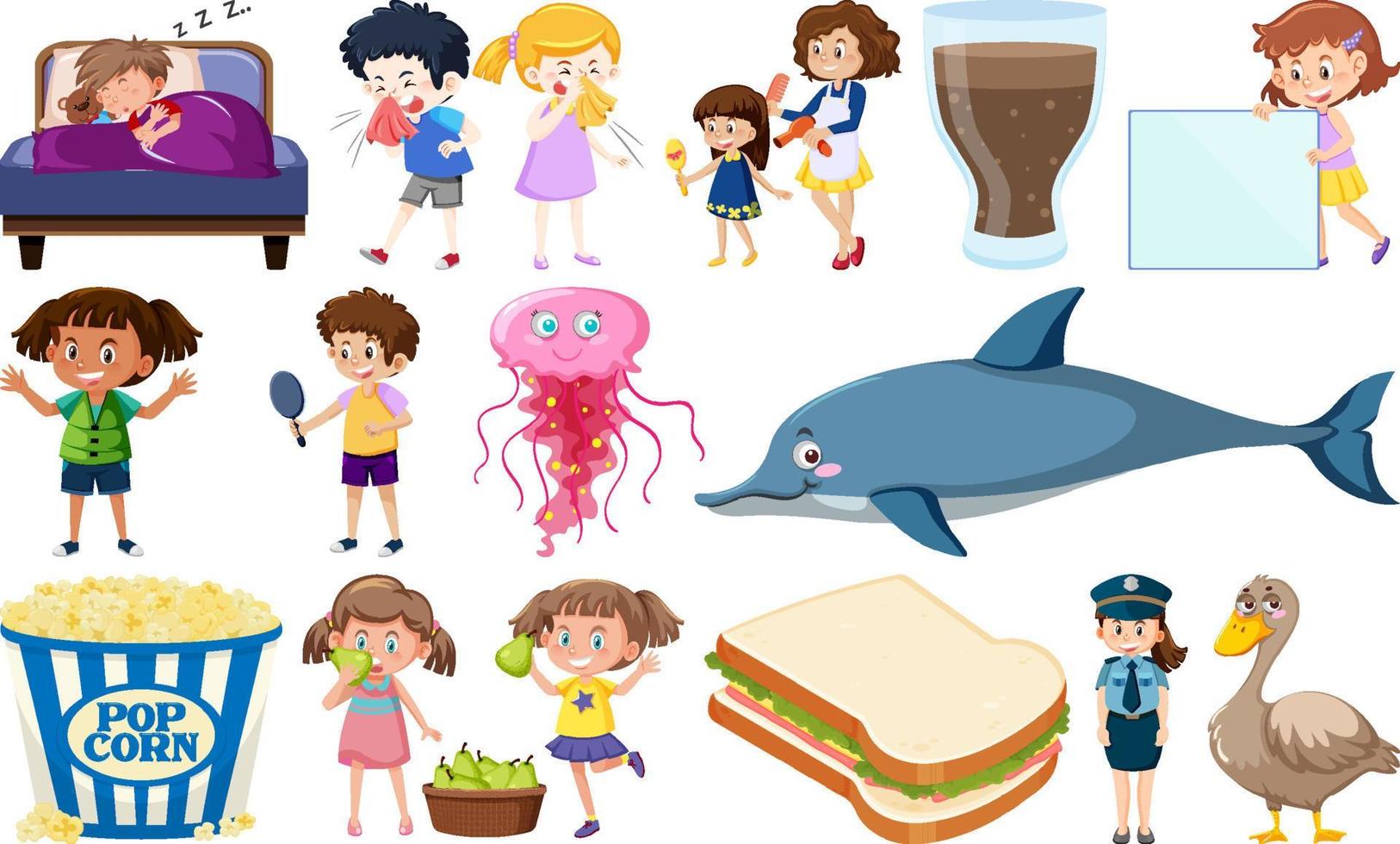 Set of different cute kids and objects vector