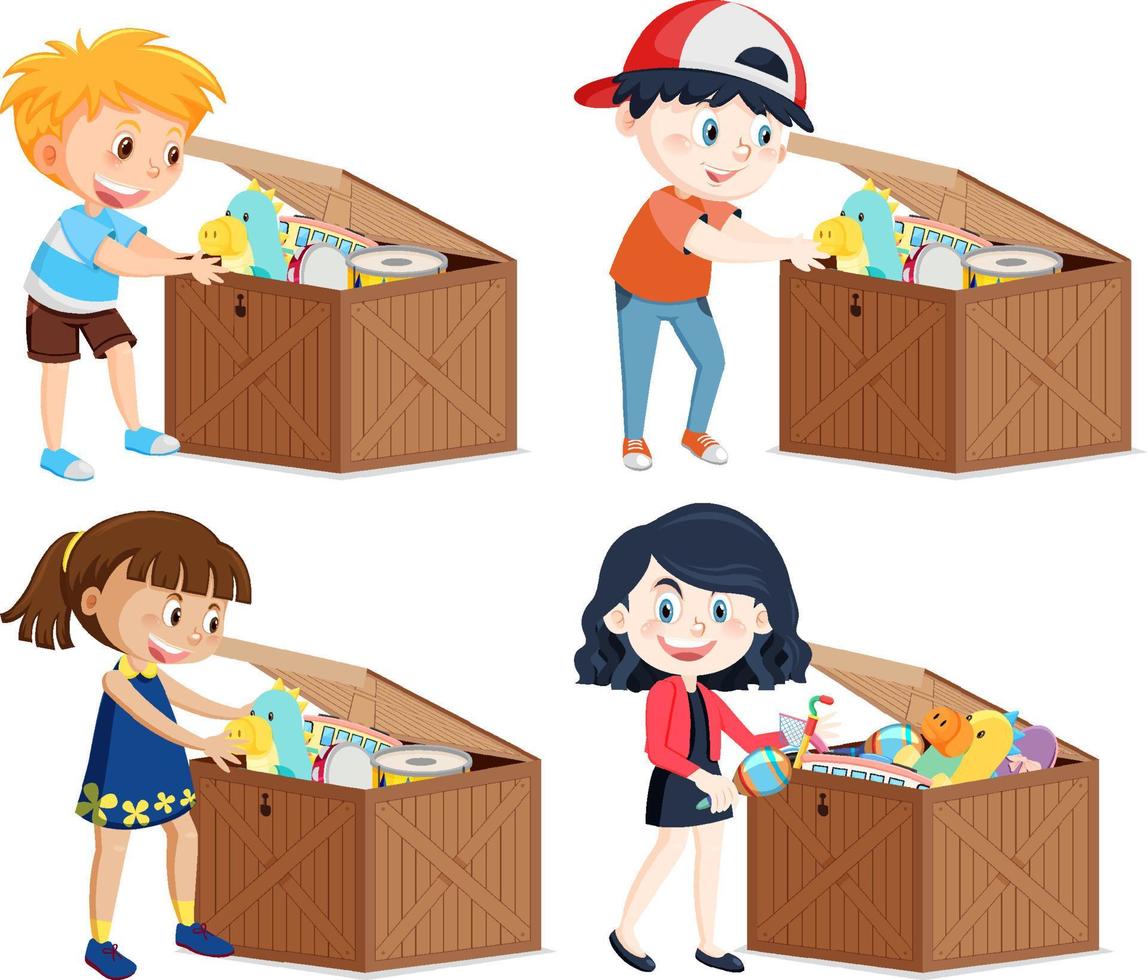 Children putting their toy into the box vector