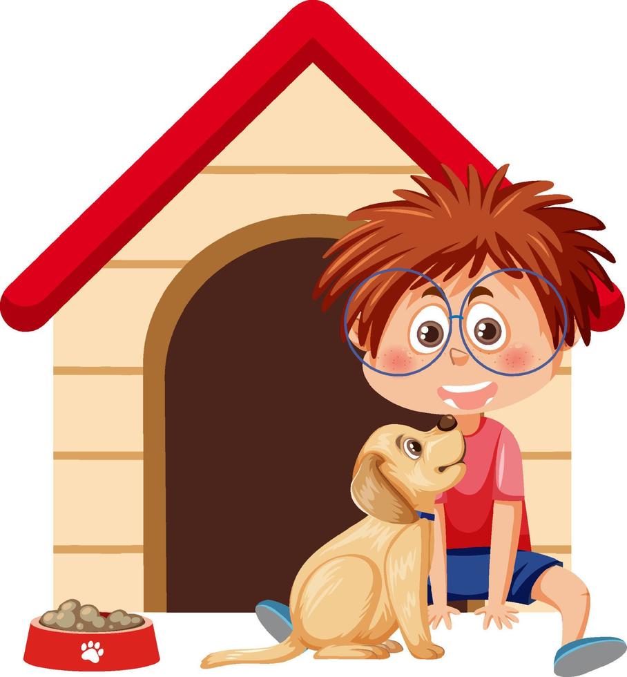 un niño con su perro y caseta de perro vector