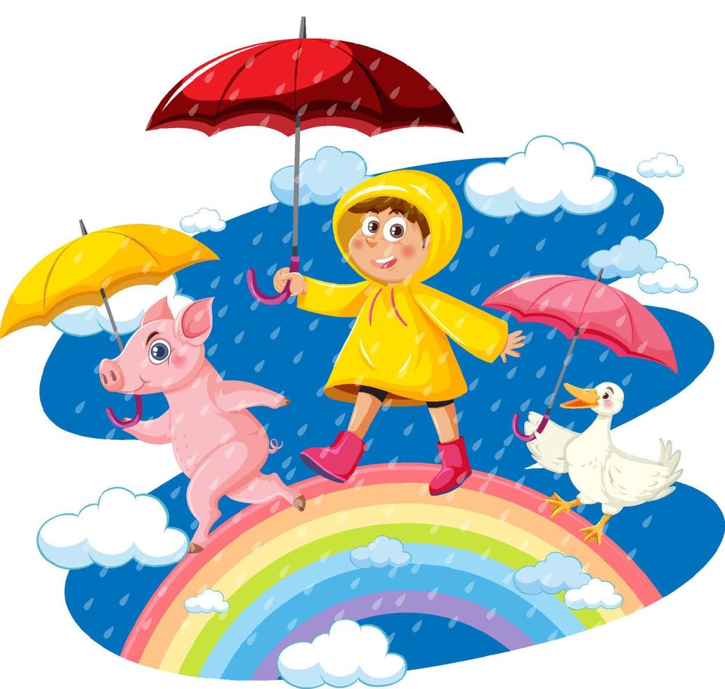Raining with a girl in raincoat and holding umbrella vector