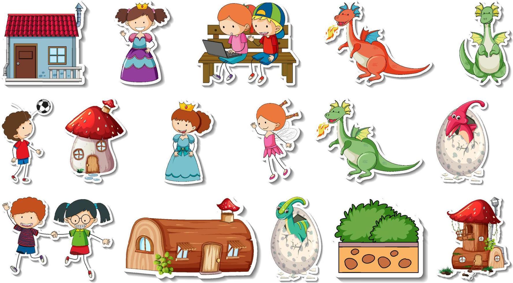 Sticker set of fantasy fairy tale cartoon characters vector