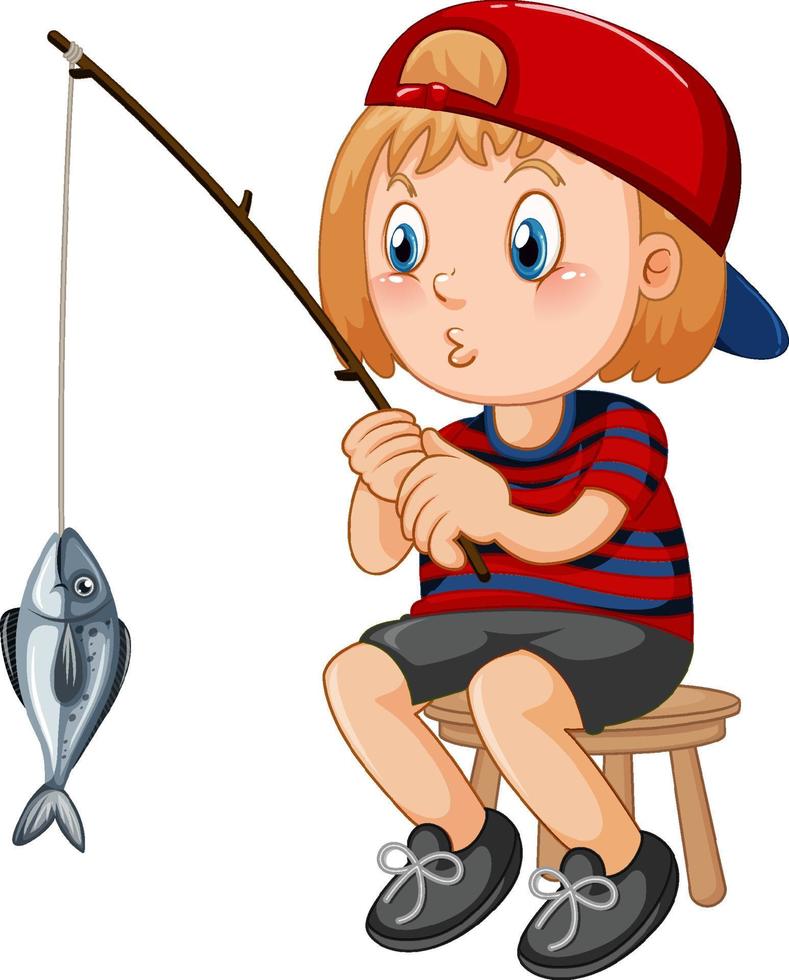 Happy kid sitting on a chair fishing vector