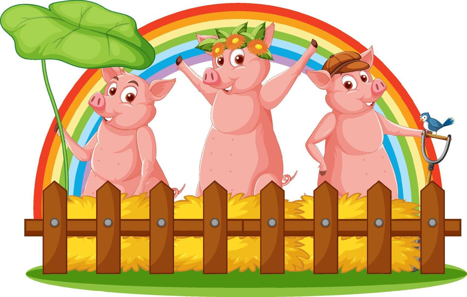 Cartoon three little pigs with rainbow background vector