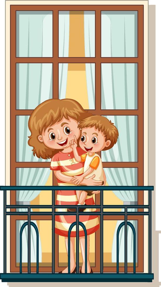 A woman and her son standing on the balcony vector