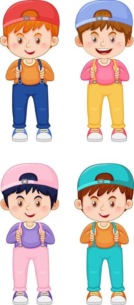 Set of cute boy cartoon character wearing cap on white background vector
