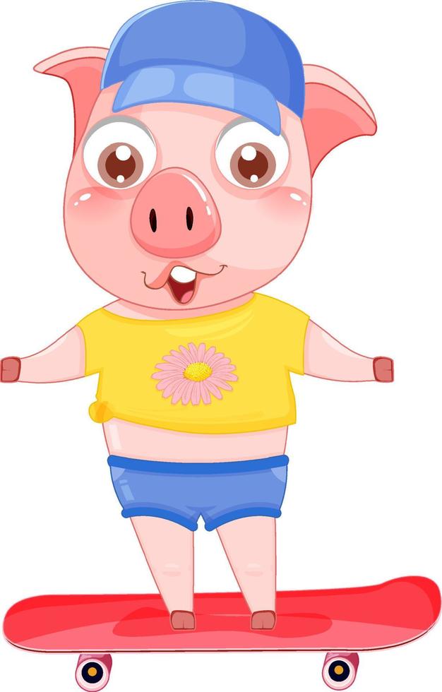 Cute pig cartoon character playing skateboard vector