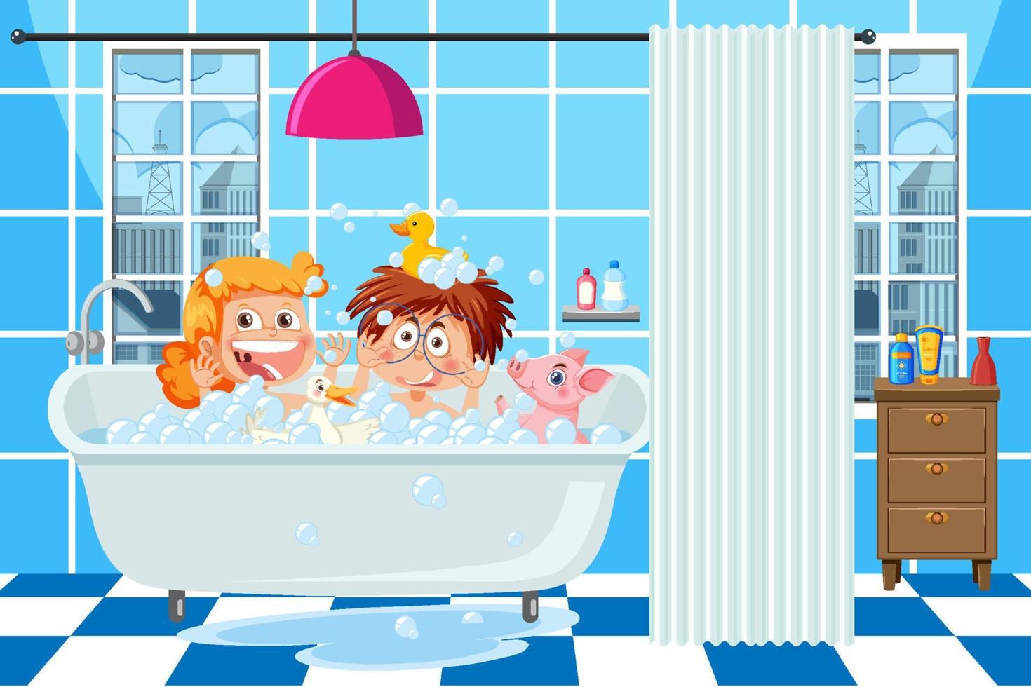 Kids playing bubbles in bathtub vector