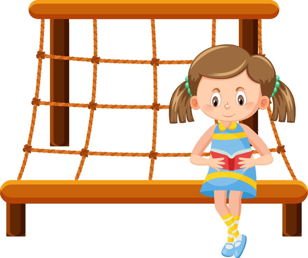 niña leyendo libro sobre escalada cuerda pared net parque infantil vector