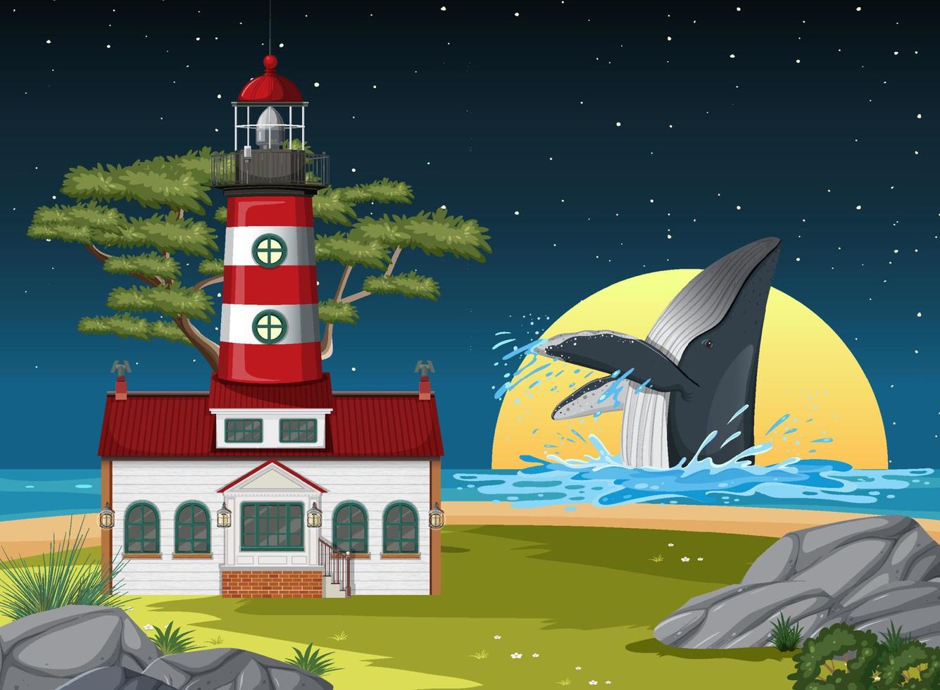 Lighthouse at night scene vector