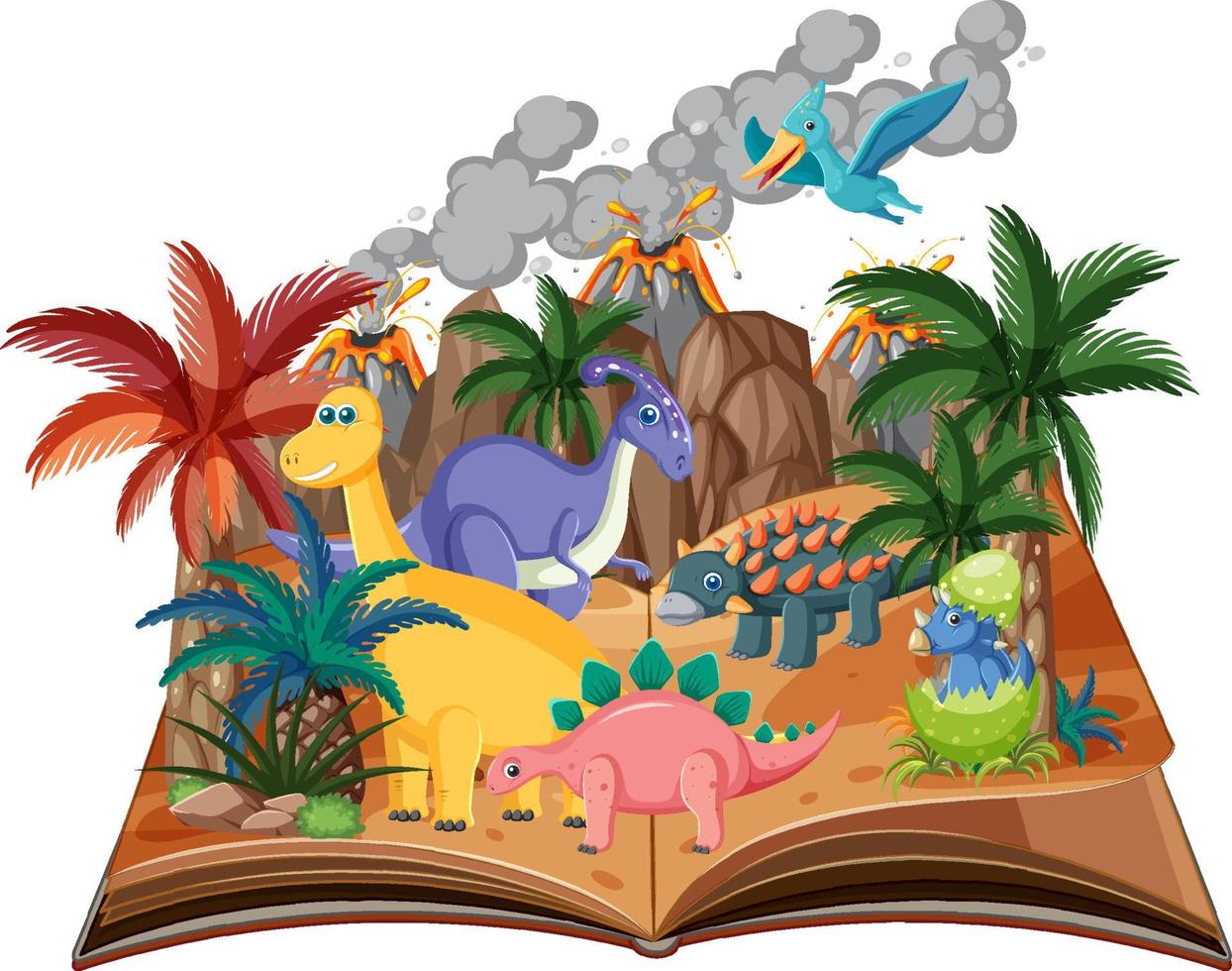 libro abierto con dinosaurio en el bosque prehistórico vector