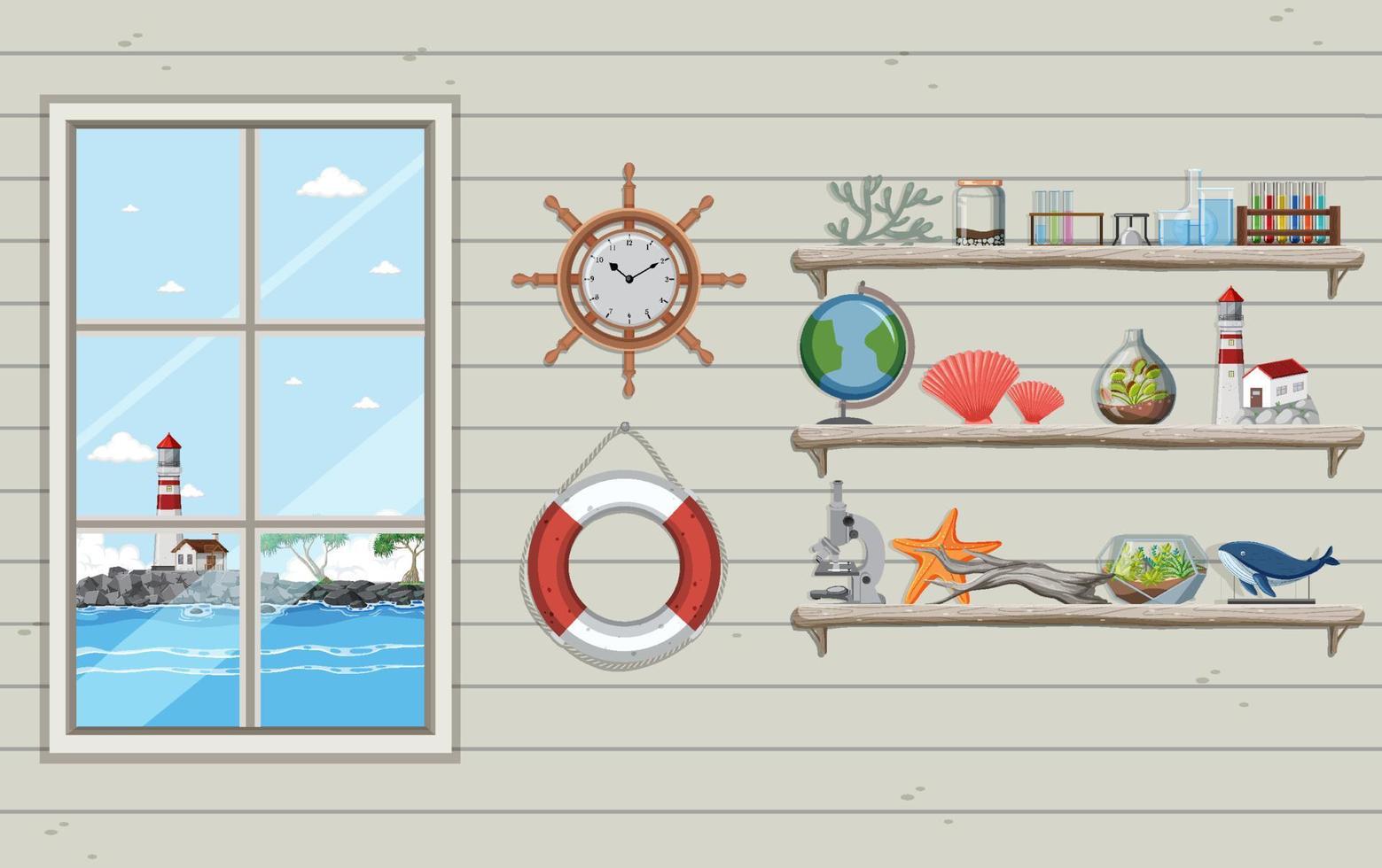 Miscellaneous objects on wall shelves with lighthouse view through the window vector