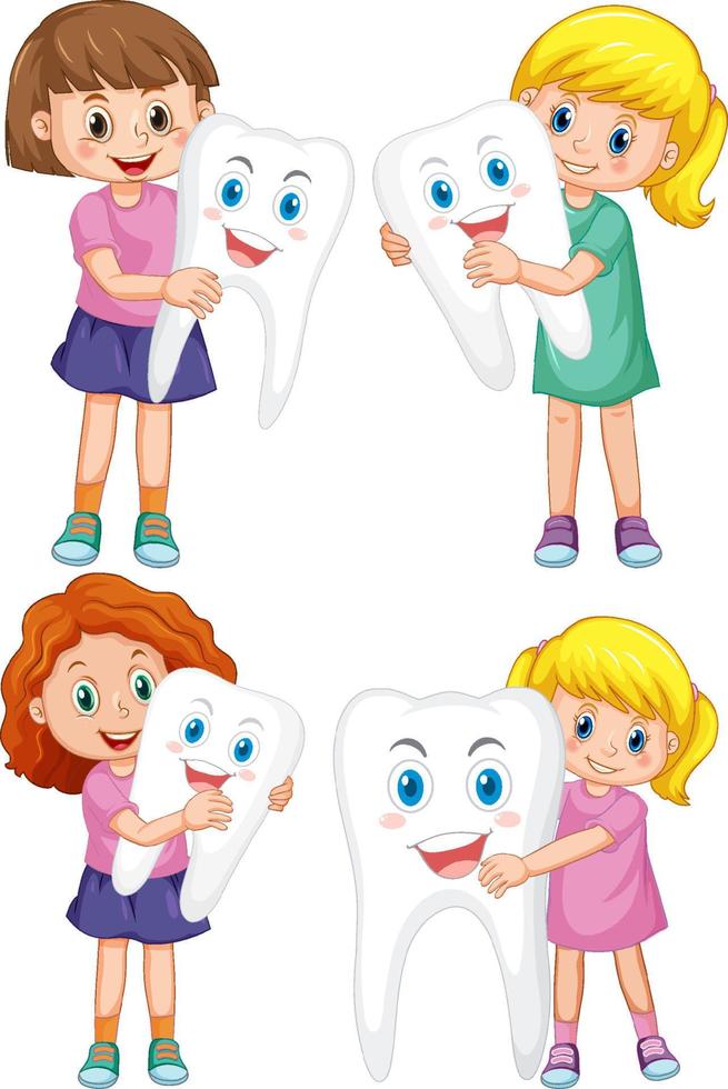 Set of happy kids holding a big tooth on white background vector