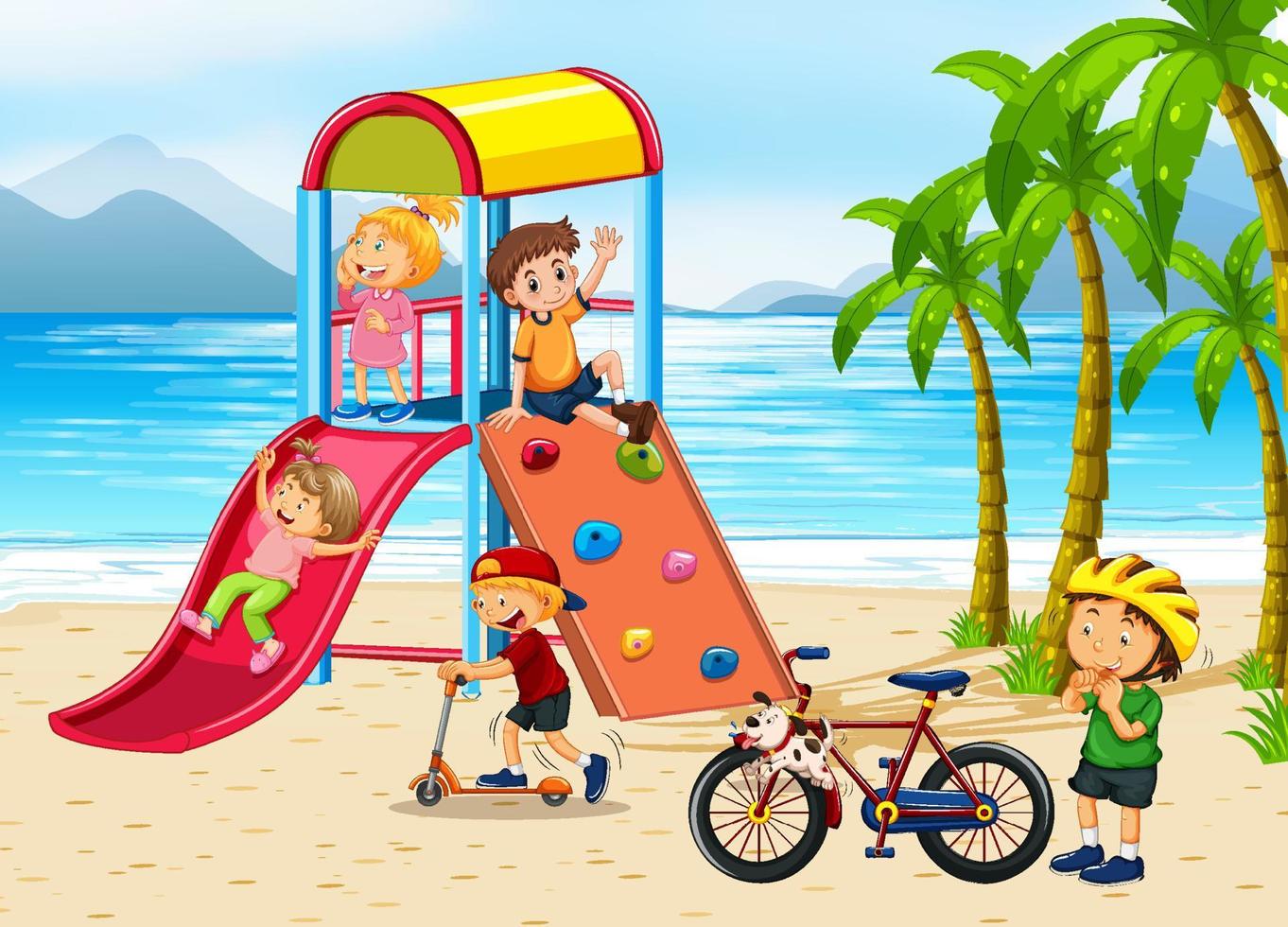 parque infantil en la playa con niños felices vector