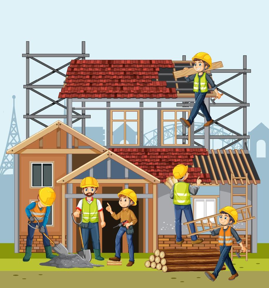 Building construction site with workers vector