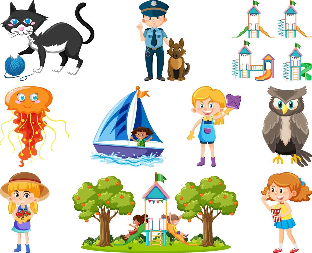 Set of different cute kids and objects vector