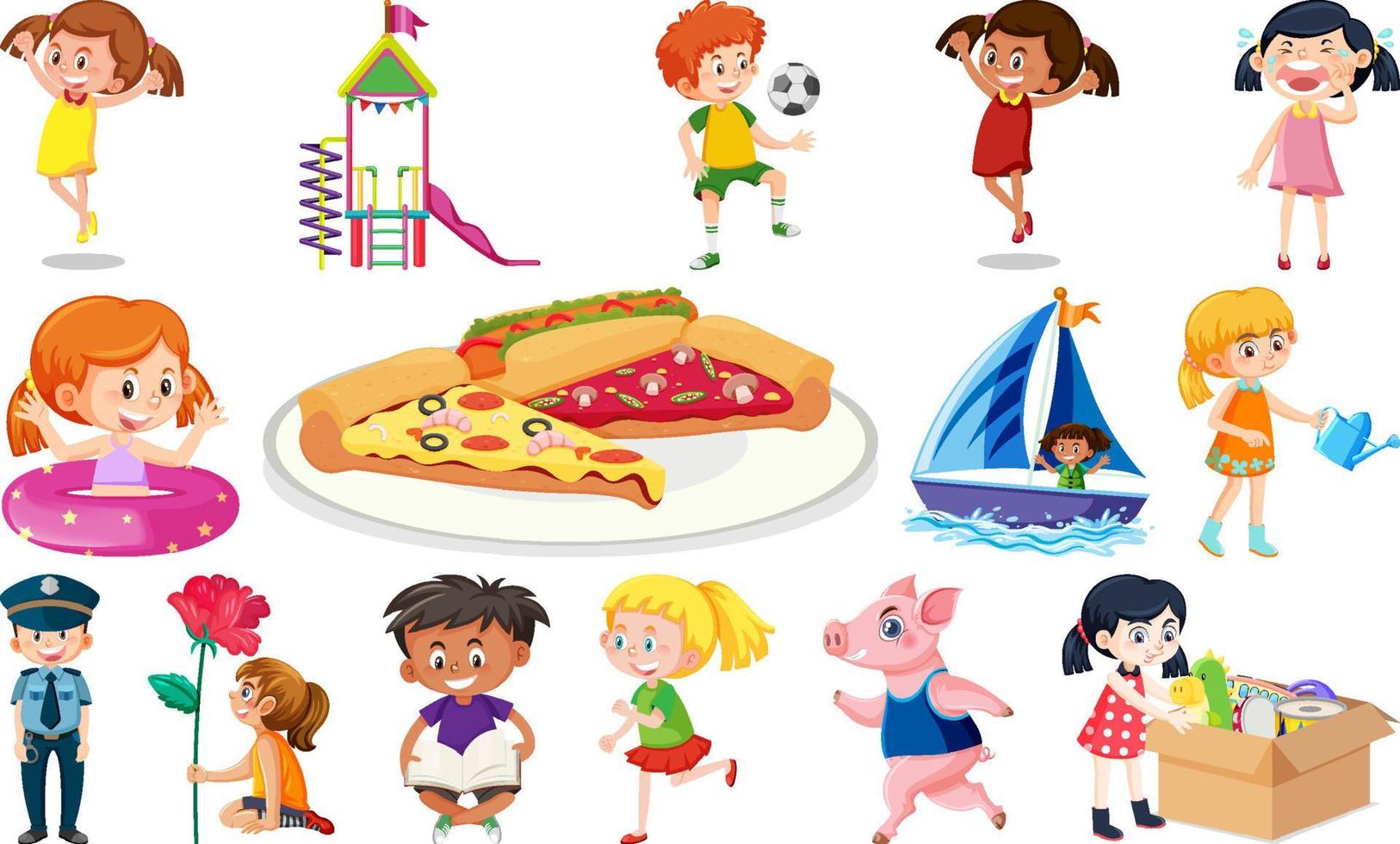 Set of different cute kids and objects vector