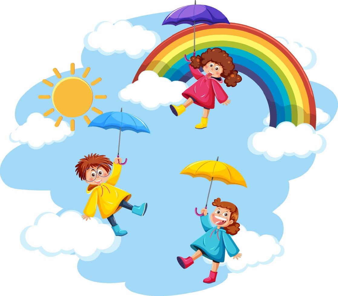 Three kids wearing raincoat in the sky vector