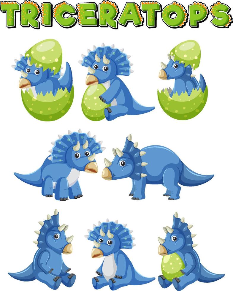 Different blue triceratops dinosaur collection vector