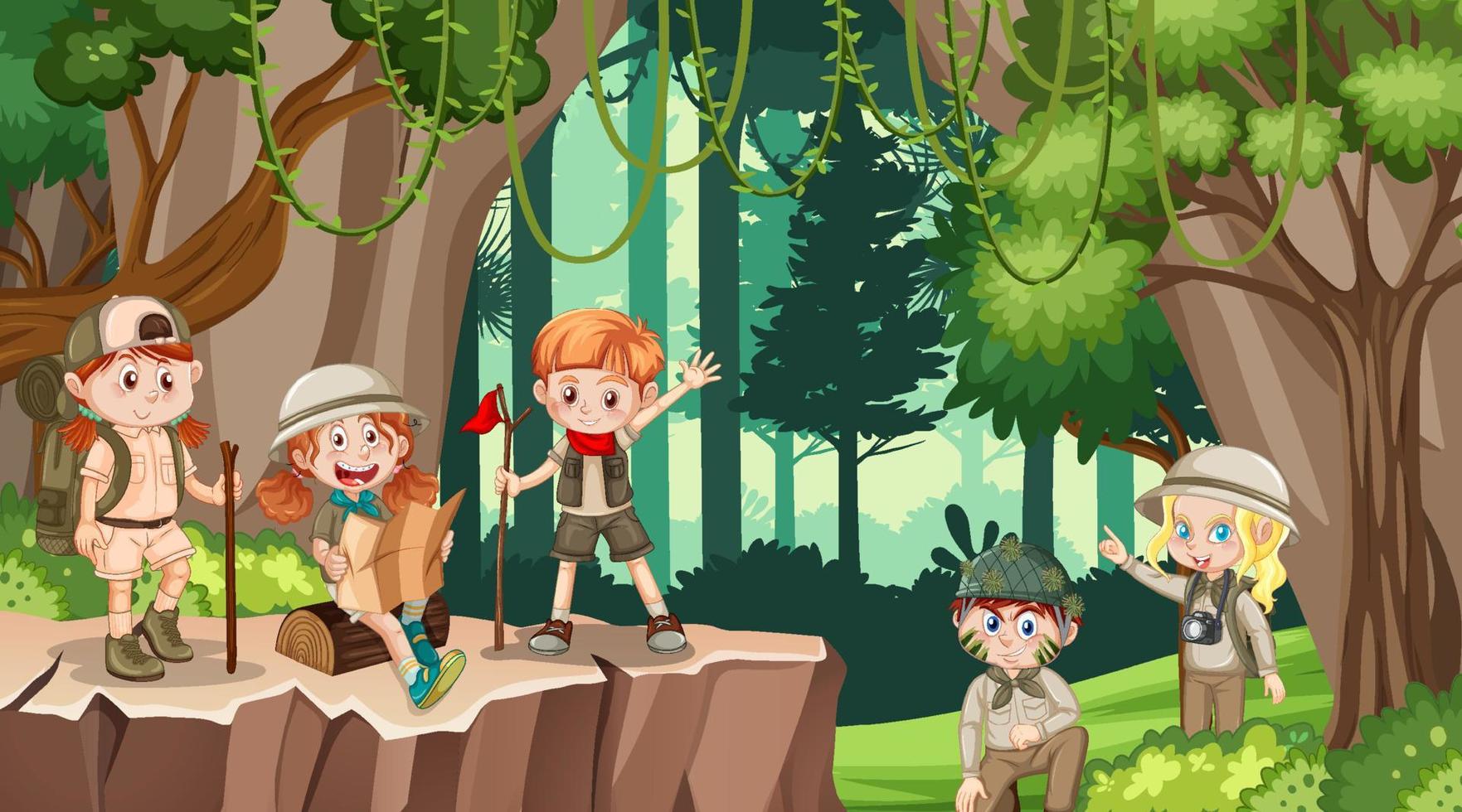 Children hiking in the forest vector