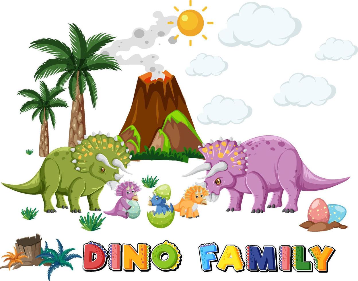 Dinosaur family with forest objects vector