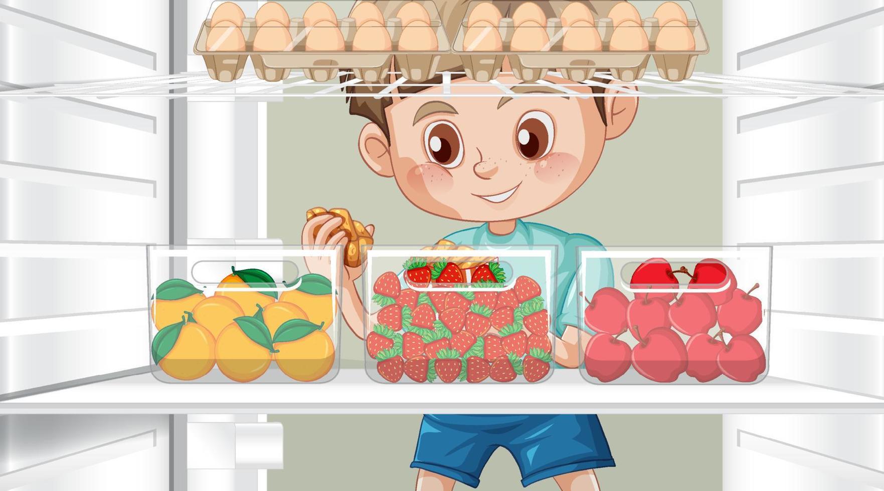 Boy grabbing some food in fridge vector