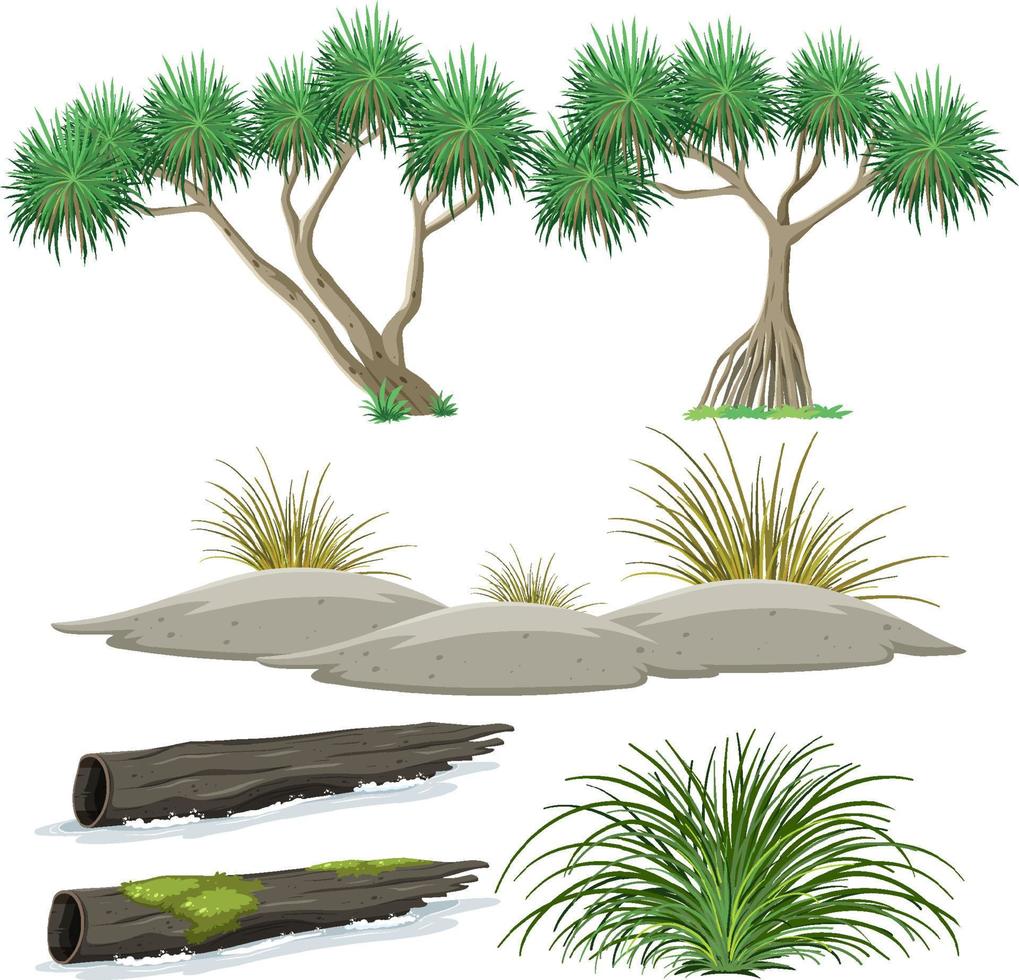 conjunto de árboles aislados y objetos de la naturaleza vector