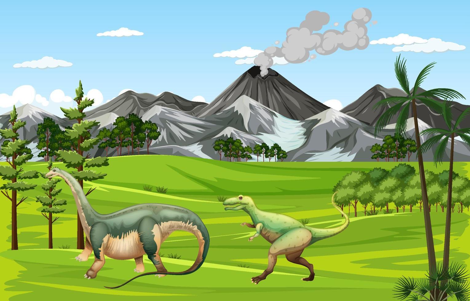 escena de la naturaleza con árboles en las montañas con dinosaurio vector