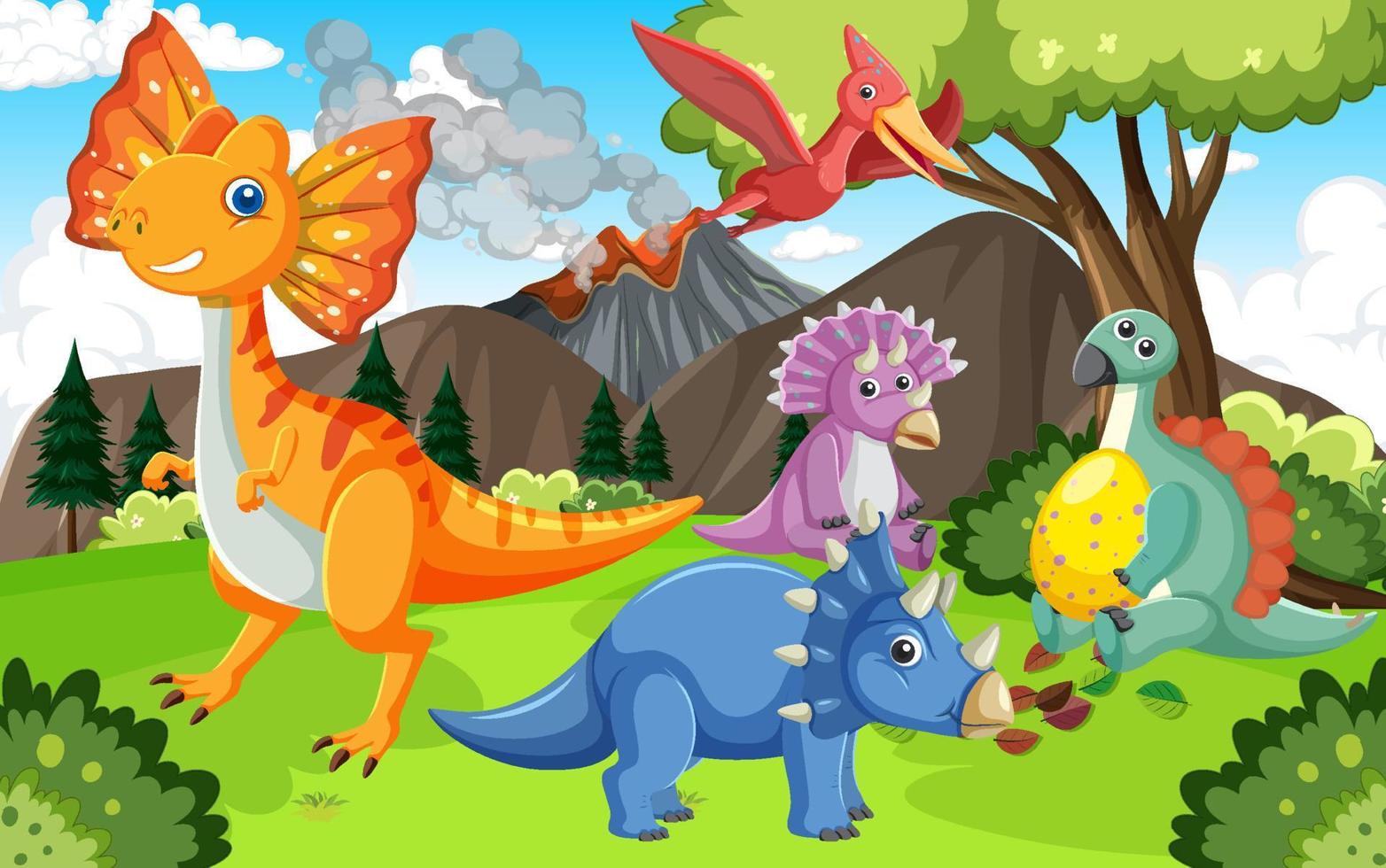 lindo grupo de dinosaurios en el bosque vector