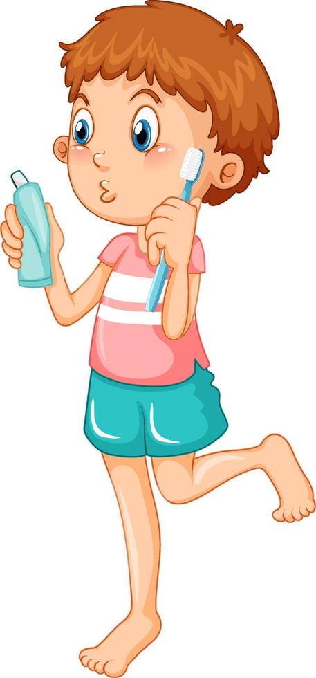 Cute boy cartoon character brushing teeth vector