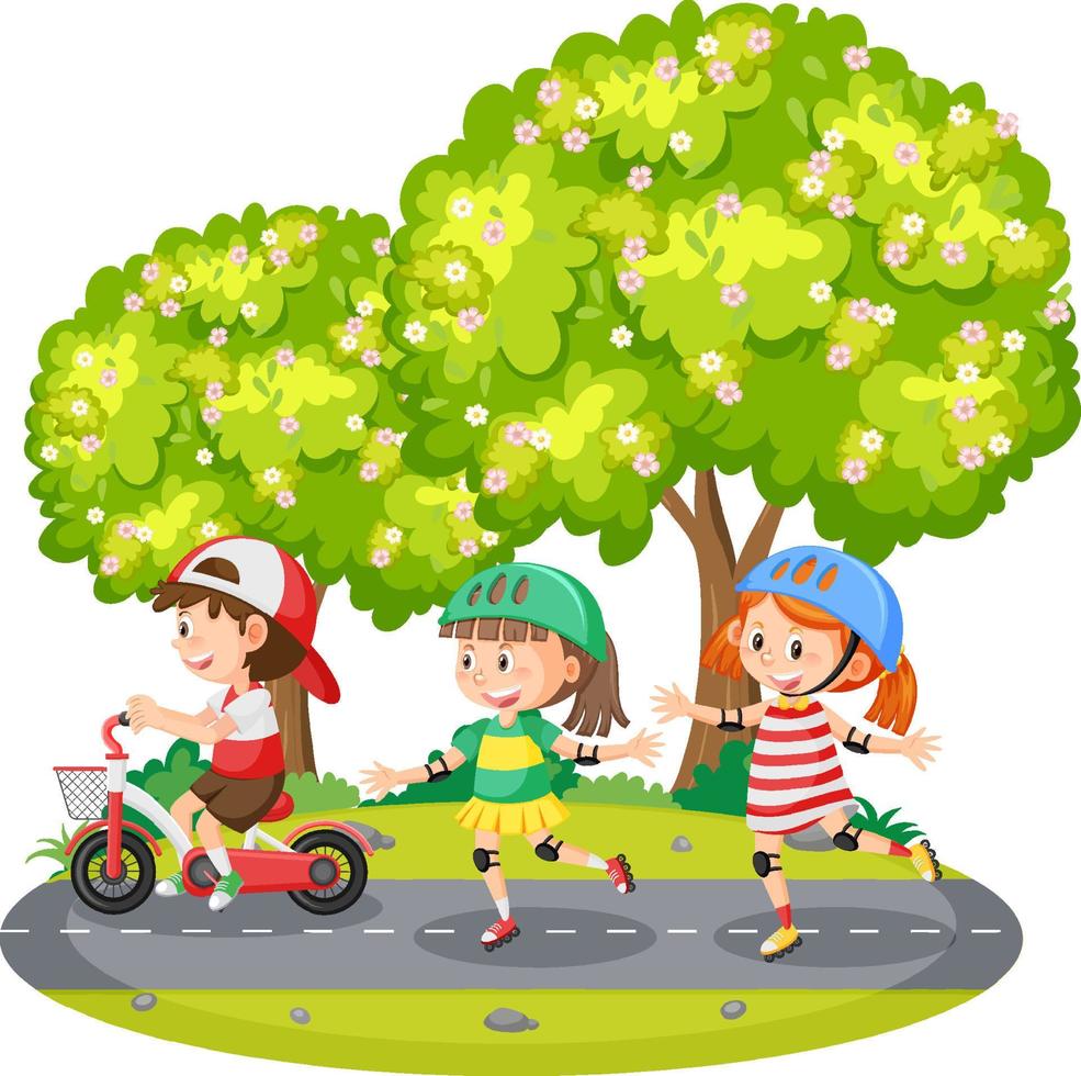 Children riding on roller skates at park vector