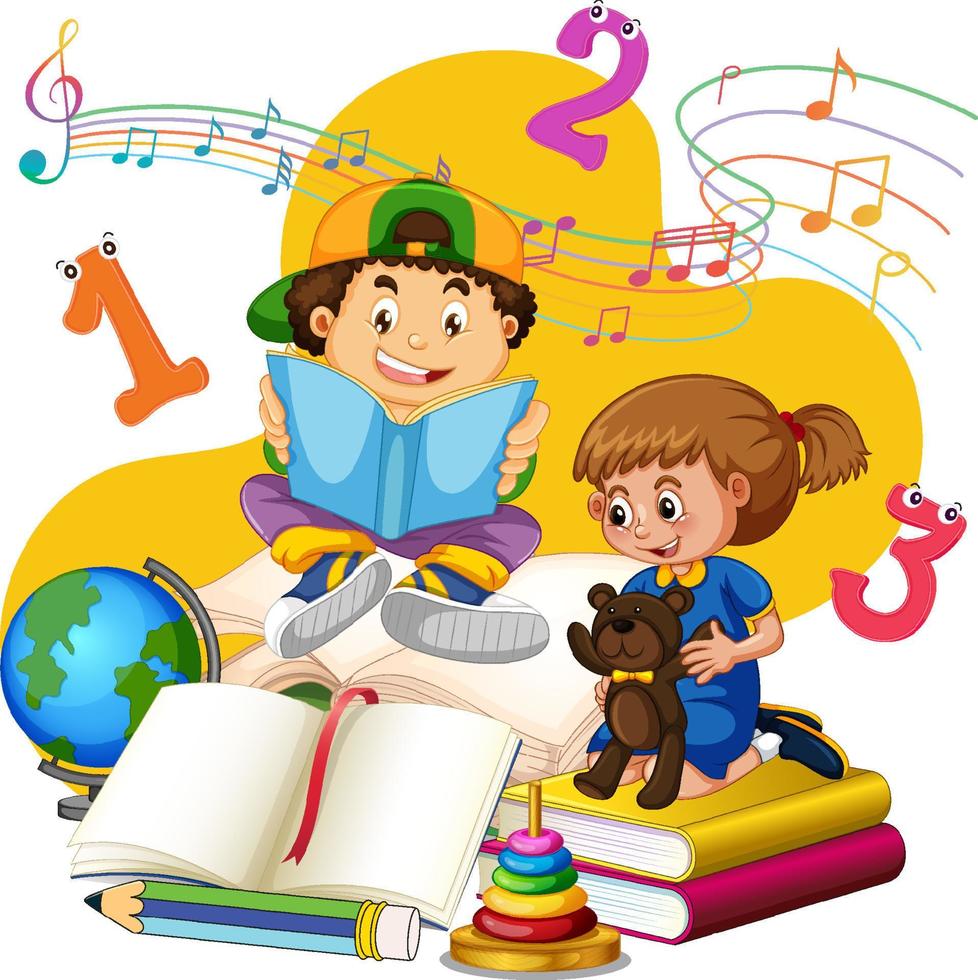 Boy and girl are reading books on a stack of books vector