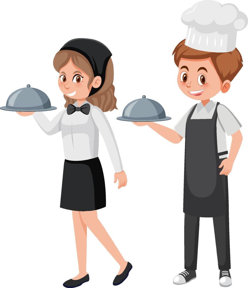 Waiter and waitress serving food vector