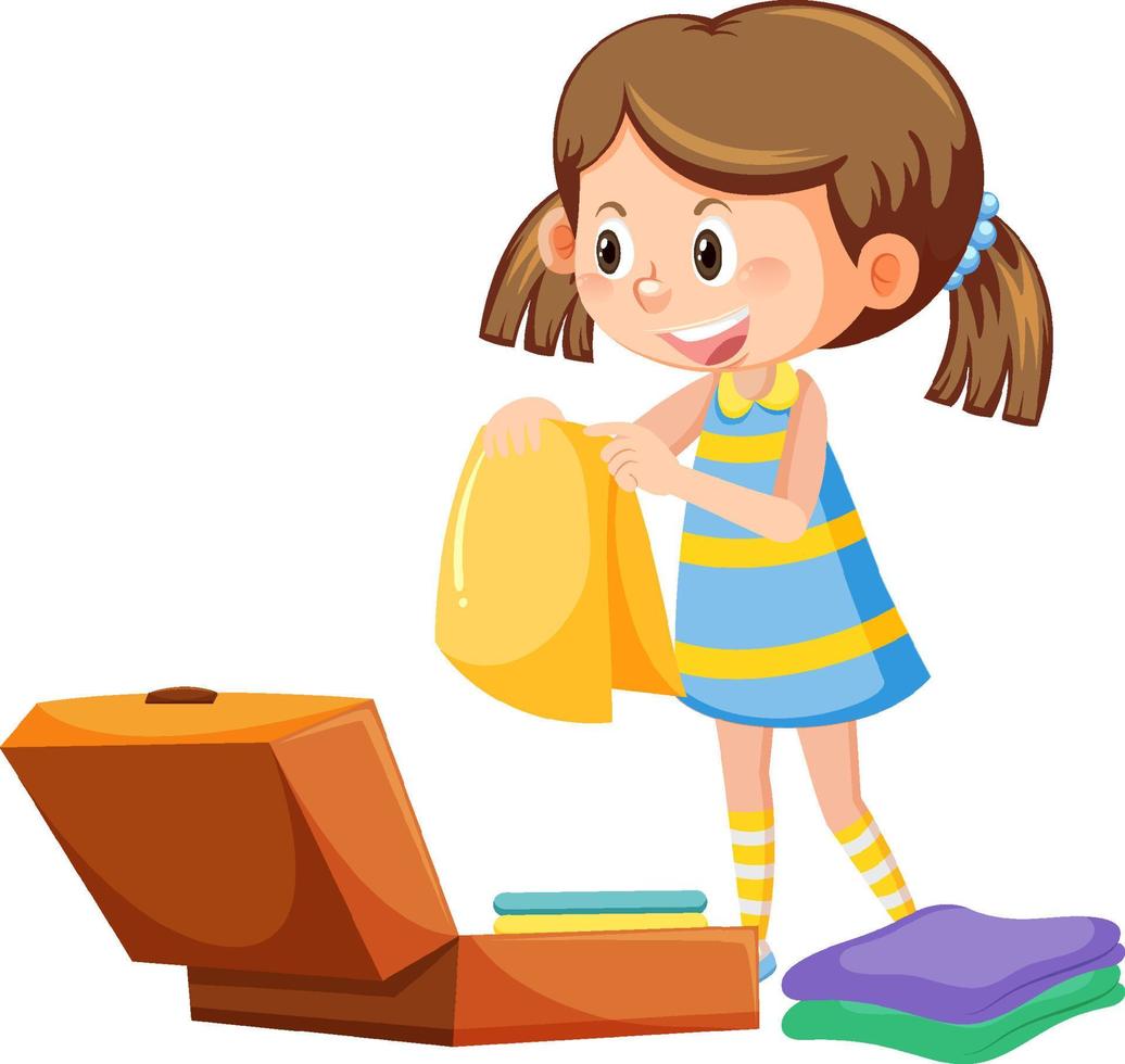 Girl folding clothes and packing luggage vector