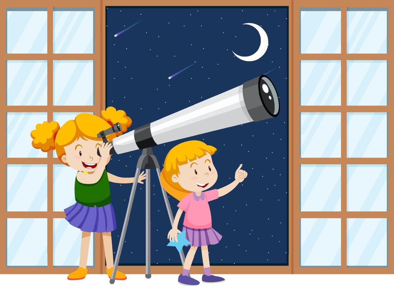 Little girls observe night sky with telescope vector