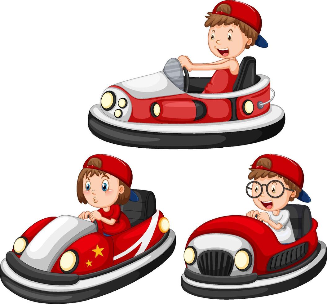 conjunto de diferentes niños conduciendo autos chocadores en estilo de dibujos animados vector