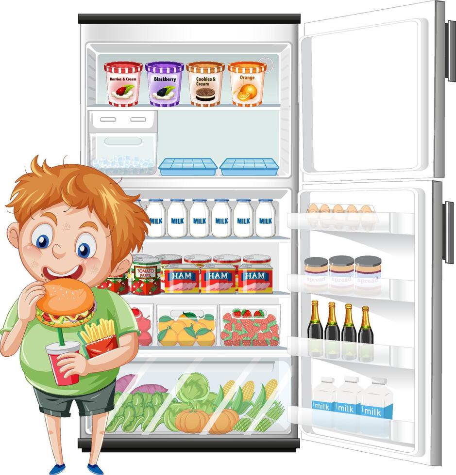 niño hambriento disfruta comiendo frente al refrigerador vector