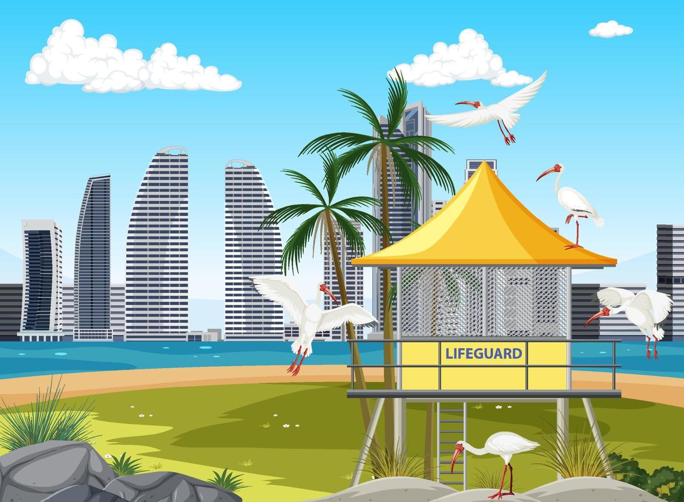 escena de playa con torre de salvavidas vector