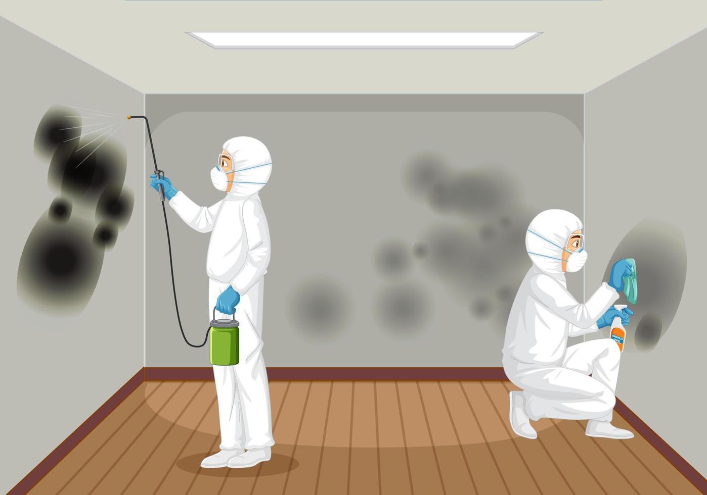 Man in protective hazmat suit cleaning mold on the wall vector