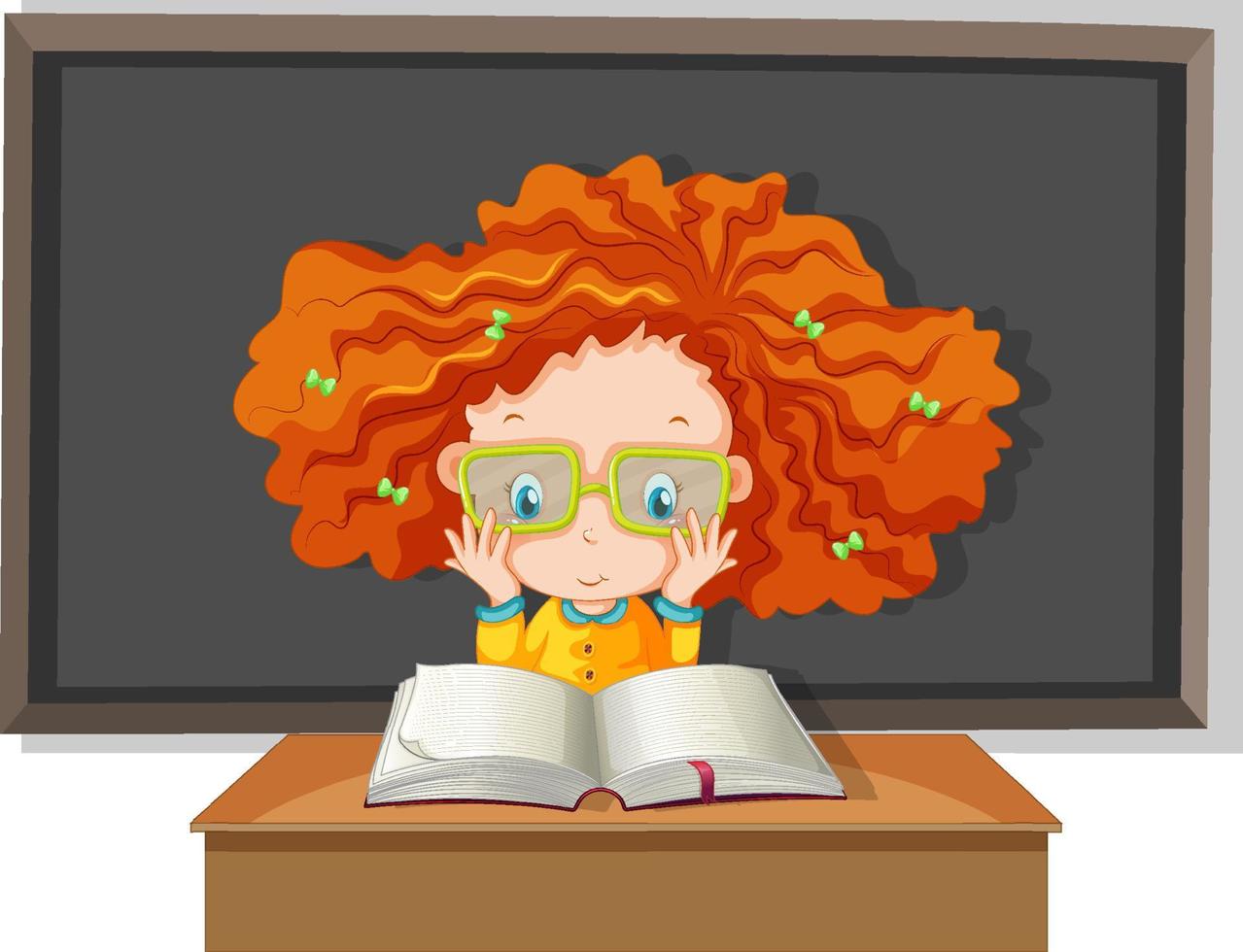 Student with curly hair reading a book wih board on the background vector